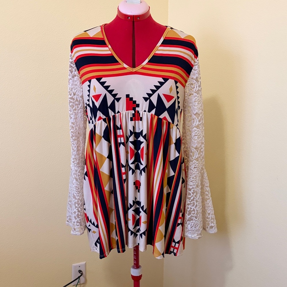 Boho Geometric Print Tunic with Lace Sleeves